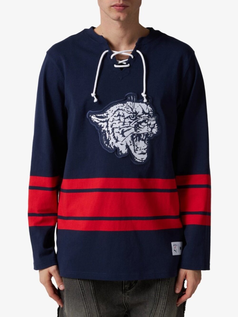 PUMA Noah Striped V Neck Long Sleeve Hockey Jersey Blue 628196-06 Size Small